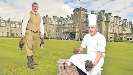  ??  ?? Gleneagles Hotel shooting instructor Nick Raby, left, and executive sous chef Jonathan Wright with some of the first grouse of the new season.