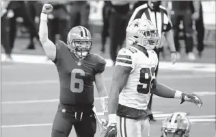  ?? RONALD MARTINEZ/GETTY ?? Baker Mayfield reacts after a touchdown during the Browns’ road victory over the Cowboys on Sunday.