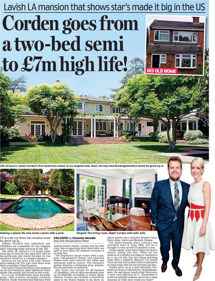  ??  ?? Life of luxury: James Corden’s five-bedroom manor in Los Angeles and, inset, the two-bed Buckingham­shire home he grew up in Elegant: The living room. Right: Corden with wife Julia