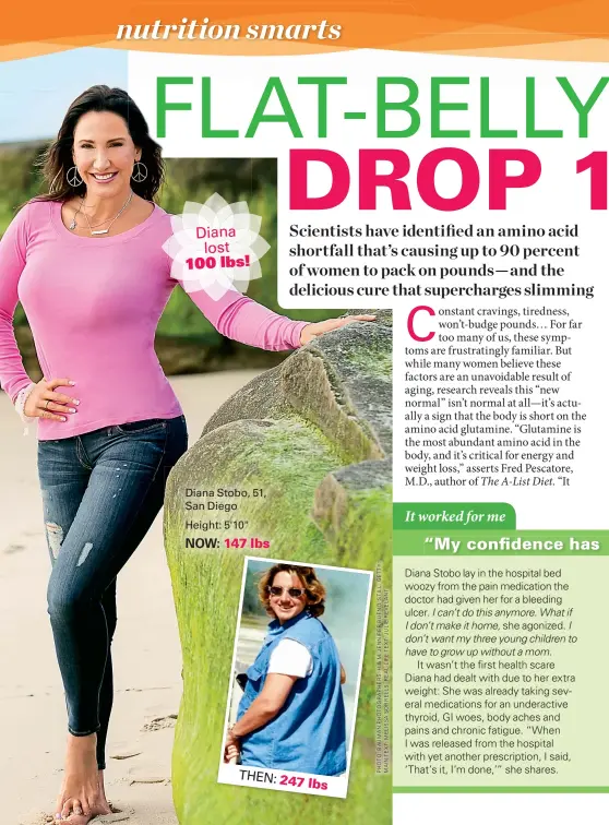  ??  ?? Diana
lost
100 lbs! Diana Stobo, 51, San Diego
Height: 5'10"
NOW: 147 lbs THEN: 247
lbs