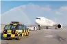  ?? Supplied photo — ?? Emirates airline receives a water canon salute on its inaugural flight to Newark Liberty Internatio­nal Airport.