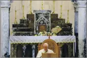  ?? ANDREW MEDICHINI — THE ASSOCIATED PRESS FILE ?? Pope Francis delivers his speech during a meeting with the Qaraqosh community at the Church of the Immaculate Conception, in Qaraqosh, Iraq, Sunday.