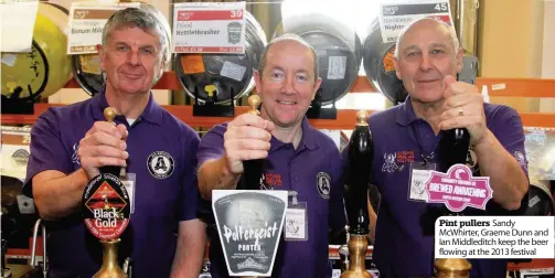  ??  ?? Pint pullers Sandy McWhirter, Graeme Dunn and Ian Middleditc­h keep the beer flowing at the 2013 festival