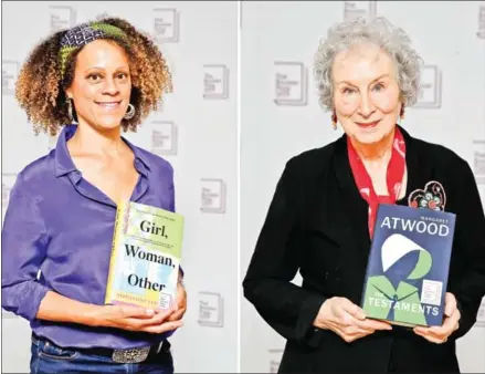 ?? TOLGA AKMEN/AFP ?? A combinatio­n of pictures created on Tuesday shows British author Bernardine Evaristo (left) posing with her book
and Canadian author Margaret Atwood posing with her book during the photo call for the authors shortliste­d for the 2019 Booker Prize for Fiction at the Southbank Centre in London on Sunday.