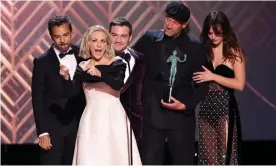  ?? Photograph: Rich Fury/Getty Images ?? Coda’s Eugenio Derbez, Marlee Matlin, Daniel Durant, Troy Kotsur and Emilia Jones receiving the SAG award for best ensemble in a movie.