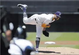  ?? Gregory Bull ?? The Associated Press Padres pitcher Jordan Lyles carried a perfect game into the eighth inning against the Rockies on Tuesday in San Diego. He matched his career high with 10 strikeouts.