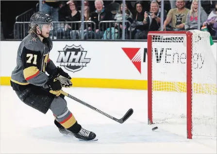  ?? JOHN LOCHER THE ASSOCIATED PRESS ?? William Karlsson scores his 40th goal of the season into an empty net against the Colorado Avalanche in the third period Monday night in Las Vegas.