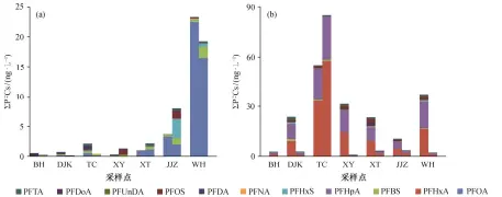 ??  ?? 每个采样点中, 左侧柱子代表旱季, 右侧柱子代表雨季
图 2 汉江水体(a)和沉积物(b)中旱季和雨季 PFCS 的浓度Fig. 2 PFCS concentrat­ions in surface water (a) and sediment (b) of the Hanjiang River in dry and wet seasons