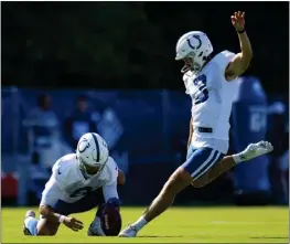  ?? MICHAEL CONROY — THE ASSOCIATED PRESS ?? Lucas Havrisik kicks from the hold of Rigoberto Sanchez during the Colts' training camp this summer. Havrisik has yet to attempt a kick during a regular-season game.