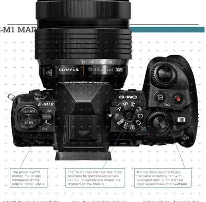  ??  ?? The power switch mimics the design introduced on the original 35mm OM-1. The main mode dial now has three positions for customised camera set-ups. Subject/scene modes are dropped on the Mark II. The top deck layout is largely the same as before, but...