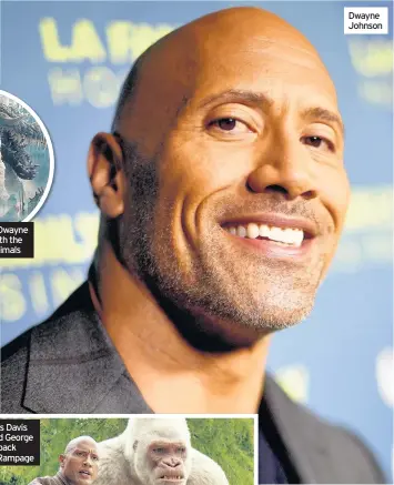  ??  ?? Fantastic beasts: Dwayne as Davis Okoye with the mutated trio of animals Dwayne Johnson