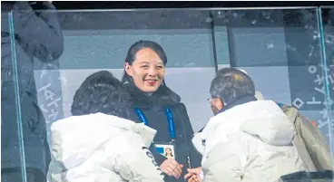  ??  ?? ALL SMILES: President Moon Jae-in, right, and his wife Kim Jung-sook greet Kim Yo-jong, sister of North Korean leader Kim Jong-un, during the opening ceremony of the 2018 Winter Olympics, Feb 9.