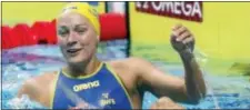  ?? MICHAEL SOHN — THE ASSOCIATED PRESS ?? Sweden’s Sarah Sjostrom celebrates after setting a new world record in the women’s 50-meter freestyle semifinal.