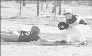  ?? Fred Conley • Times-Herald ?? Palestine-Wheatley's Ty Myers (15) gets back to first base just ahead of a pickoff throw from the Little Rock Episcopal pitcher during Monday's prep baseball game played at Palestine's Sports Complex. Episcopal won the game 5-1.