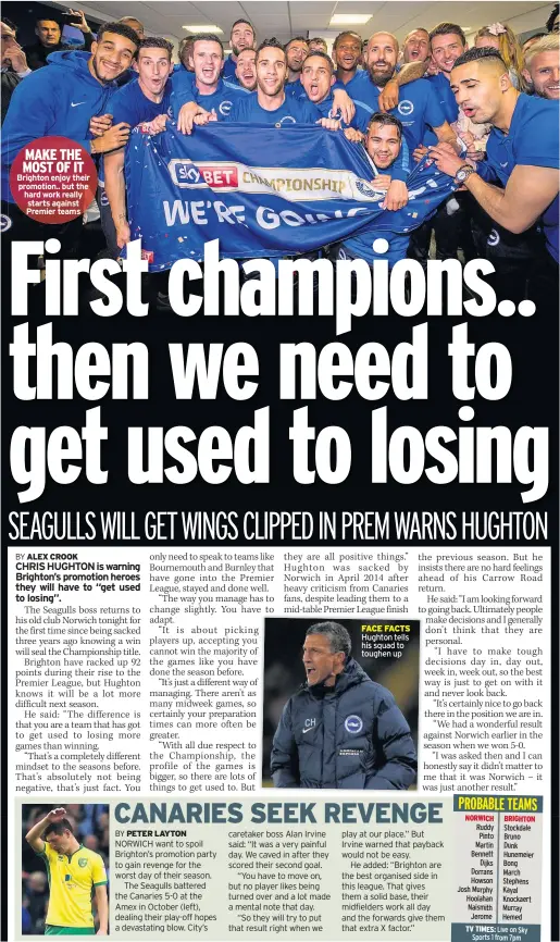  ??  ?? MAKE THE MOST OF IT Brighton enjoy their promotion.. but the hard work really starts against Premier teams FACE FACTS Hughton tells his squad to toughen up