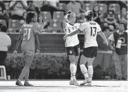  ?? Azael Rodriguez/getty Images ?? The United States’ Alex Morgan, right, celebrates after scoring against Haiti on Monday night.