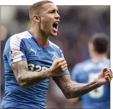  ??  ?? LOUD AND CLEAR: James Tavernier celebrates his goal against Queen of the South yesterday, his 12th of the season for Rangers