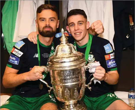  ??  ?? Tralee native Gary O’Neill, right, and Greg Bolger, of Shamrock Rovers celebrate winning the extra.ie FAI Cup Final against Dundalk at the Aviva Stadium in Dublin last Sunday. The game ended 1-1 after extra-time with O’Neill scoring the decisive penalty in the shoot-out.
Photo by Sportsfile