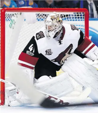  ?? JEFF ROBERSON ?? Goaltender Mike Smith will be trading in his Coyotes’ colours for those of the Flames after being acquired in a trade on Saturday. The Flames still need to solve their backup goalie situation ahead of next season.