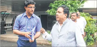  ??  ?? Former Indian captain Sourav Ganguly and chairman of Indian Premier League Rajeev Shukla at the BCCI meeting on Monday.