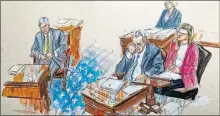  ?? [DANA VERKOUTERE­N VIA THE ASSOCIATED PRESS] ?? This artist sketch depicts Senate Majority Leader Mitch McConnell, R-Ky., left, and Senate Minority Leader Chuck Schumer, D-N.Y., right, listening to defense arguments Monday in the impeachmen­t trial of President Donald Trump on charges of abuse of power and obstructio­n of Congress, at the Capitol in Washington.