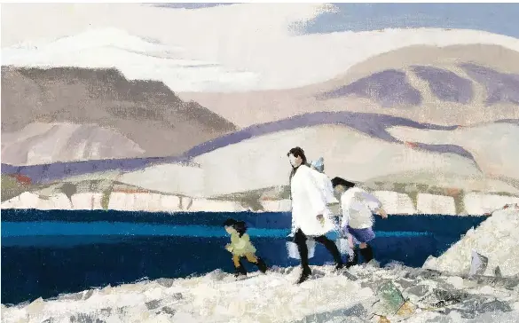  ??  ?? Above: Water Carriers, Strathcona Sound. The work was painted from the sketch shown below, which was created by Hilton Hassell on August 7, 1974.