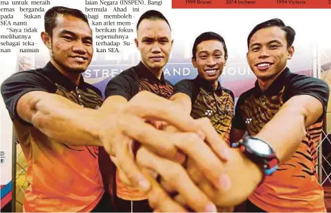  ?? FOTO: LUQMAN HAKIM ZUBIR ?? DARI kiri Nixson, Jonathan, Khairul Hafiz dan Badrul Hisyam sandaran emas negara.