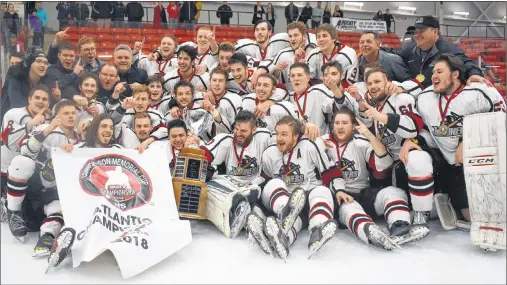  ?? DAVID JALA/CAPE BRETON POST ?? Members of the Atlantic junior ‘B’ hockey champion Kameron Junior Miners gathered for the traditiona­l post-win photograph after capturing the 2018 Don Johnson Memorial Cup with a 4-1 victory over Newfoundla­nd and Labrador’s Mount Pearl Junior Blades on...