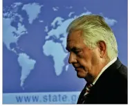  ?? PABLO MARTINEZ MONSIVAIS / ASSOCIATED PRESS ?? Secretary of State Rex Tillerson leaves after speaking at the State Department in Washington on Tuesday to discuss Afghanista­n.