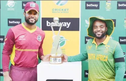  ?? ?? SERIES SHARED! West Indies captain Shai Hope and his South Africa’s Temba Bavuma with the Betway One Day Series trophy. (Photo courtesy Cricket South Africa)