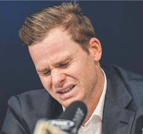  ?? Pictures: AAP ?? A CRYING SHAME: Disgraced Australian cricket captain Steve Smith breaks down at his press conference after arriving in Sydney last night. Below: opening batsman Cameron Bancroft faces the media in Perth.