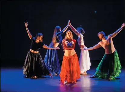  ?? PHOTOS BY CHRIS PUGH — UKIAH DAILY JOURNAL ?? Inspiratio­n for the piece, A Call to Gather, stemmed from the fire reaction prompt Eryn Schon-Brunner presented to the four other choreograp­hers working on acts in the show. L-R are Paloma Rodriguez, Megan Youell, Tara Ford, Margarita Diaz, Ari Sunbeam.