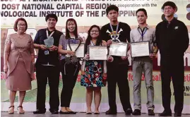  ??  ?? Sibol Award 2nd runner up from T.I.P. QC joined by their adviser, Engr. Ryann Alimuin (2nd from left), with Dr. Teresita Fortuna and Engr. Edgar Garcia.