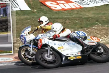  ??  ?? Above left: In 1987 Trevor Nation looked an imposing figure on the back of the bulky Loctite Yamaha. Above: (12) Ron Haslam on the Yamaha 750 leans on the outside of (10) Dave Aldana who is manfully muscling the Yoshimura Suzuki around Druids. It’s...