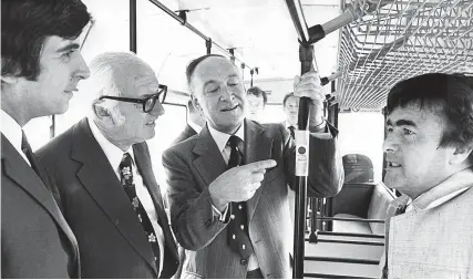  ?? ?? In honour of this (possible, but unlikely) Great Bristolian Invention, we here show you one of the least interestin­g pictures in the Post archives. It’s 1978 and we’re at Lawrence Hill bus depot where Mr Kenneth Wellman, general manager of the Bristol Omnibus Company, is showing Bristol MPs (l to r) Terry Walker, Arthur Palmer and Ron Thomas, over a new bus, in which the stop button is mounted on an upright column