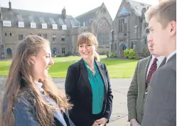  ??  ?? Glenalmond warden Elaine Logan chats to pupils, above left; and above right, the school enjoys an enviable location in rural Perthshire.