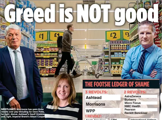  ??  ?? SPOTLIGHT:
Morrisons has seen three revolts over pay including for Dave Potts, far right. Above, Ashtead’s Geoff Drabble and, right, Imperial Brand’s Alison Cooper