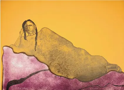  ?? COURTESY OF THE TAMARIND INSTITUTE ?? “Reclining Indian Woman,” 1975, by Fritz Scholder, three-color lithograph, collaborat­ing printer Frances Theil, edition of 100.