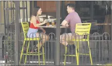  ??  ?? Courtney Dominguez and Brett Solomon sit on the patio of Woodstocks on Wednesday in Chico.