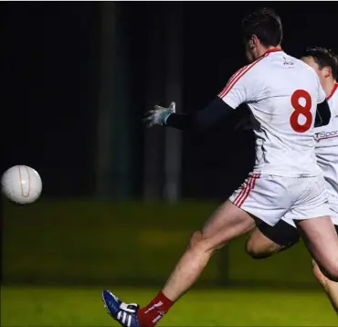  ??  ?? Paul Curtis scoring an early goal for Wexford that was disallowed for an infringeme­nt of the three consecutiv­e handpasses experiment­al rule.