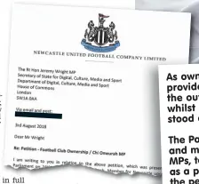  ??  ?? Defence: Mike Ashley (top) sent Jeremy Wright a letter (above); an excerpt of the correspond­ence (right)