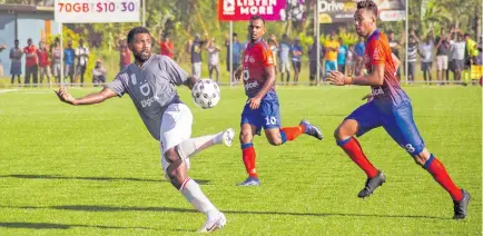  ?? Leon Lord ?? Rewa football captain Setareki Hughes controls the ball against Navua at the Uprising Sports Complex in Pacific Harbour, Deuba, on March 28, 2021. Photo: