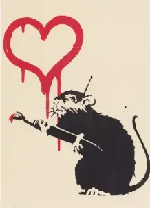  ??  ?? Simboli Alcune opere di Banksy in mostra a Palazzo dei Diamanti di Ferrara fino al 27 settembre. A fianco: Love Rat (2004 serigrafia su carta); al centro: Girl with Balloon (2004-2005, serigrafia); a sinistra: Grannies (2006, serigrafia su carta). Sotto: Love
Is In The Air / Flower Thrower (2003, serigrafia su carta)