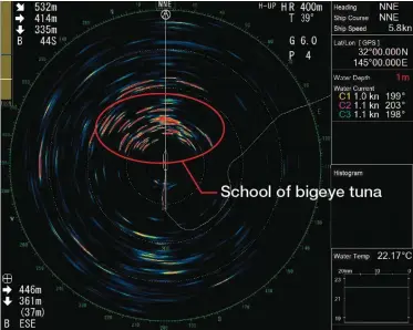  ??  ?? A school of bigeye marks ahead of the boat on this profession­al-grade system. The hardware: the Furuno CSH-8L Mark-2 omni sonar, the Koden KDS 6000 broadband sector sonar