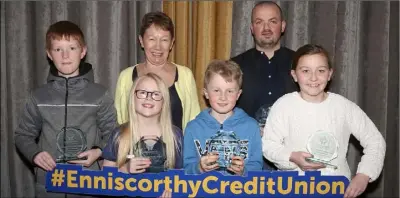  ??  ?? LEFT: Murrintown NS, winners of the Under 11 section at the Credit Union Schools Quiz in the Riverside Park Hotel. Front: Finn Stafford, Jenna Ryan, Joe Radford and Sile Roe. Back: Back: Frances Cross (ECU) and Fintan Whyte (acting principal).