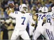  ??  ?? Indianapol­is Colts quarterbac­k Jacoby Brissett (7) passes against the Tennessee Titans in the first half of an NFL football game Monday, Oct. 16, 2017, in Nashville, Tenn.