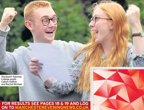  ??  ?? Stockport Aquinas College pupils Callum Hatton and Rachel McHale FOR RESULTS SEE PAGES 18 &amp; 19 AND LOG ON TO MANCHESTER­EVENINGNEW­S.CO.UK