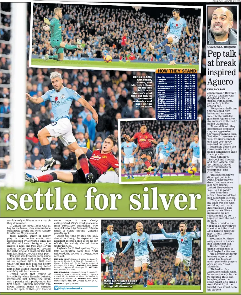  ?? Main picture: LAURENCE GRIFFITHS ?? DERBY DAZE: Gundogan, above, and Martial, below, hit the net but it was Aguero’s goal that put City in command yesterday and back on top of the table MAIN MAN: Silva scores the first and pulled the strings all afternoon GUARDIOLA: Delighted