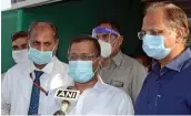  ?? — G.N. JHA ?? Chief minister Arvind Kejrewal and health minister Satyendra Jain at the Covid care centre at Ramlila Ground in New Delhi on Friday.