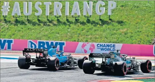  ??  ?? El instante del incidente entre Vettel y Alonso, que le costó al español el acceso a la última sesión de la clasificac­ión en el Red Bull Ring.